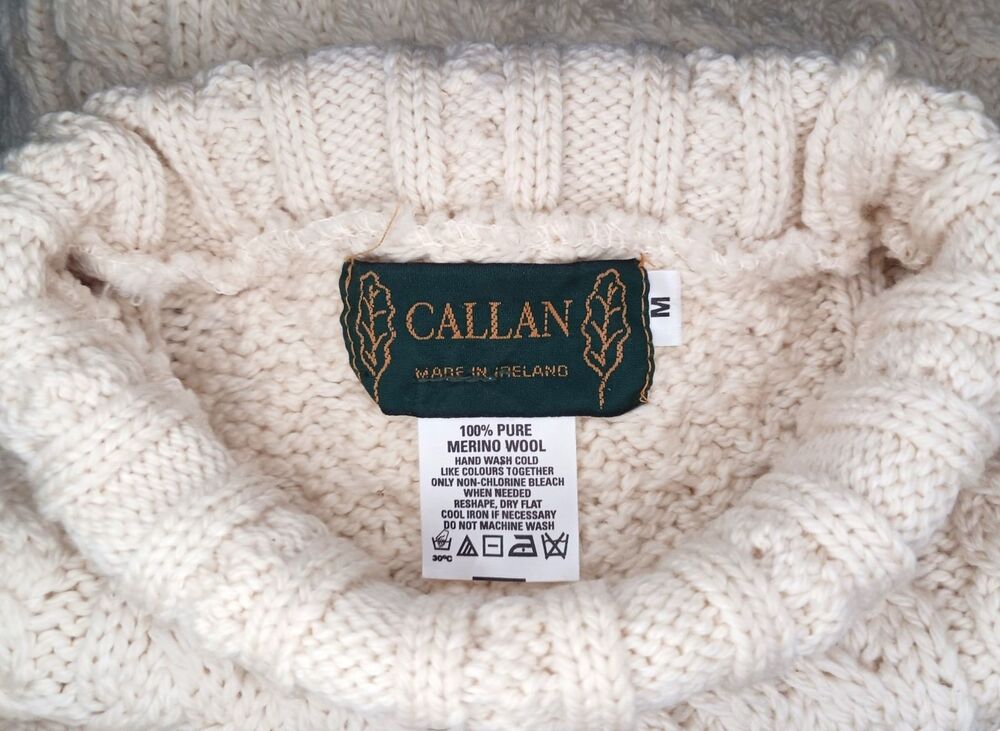 Vintage CALLAN Aran Fisherman Men's M Cable Knit Sweater Merino Wool IRELAND - Picture 5 of 5